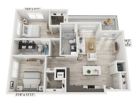 Floor plan for 2 beds, 2 baths, 1057 sqft